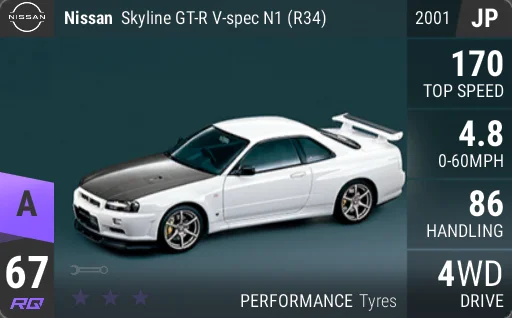 [a67] Nissan Skyline GT-R V-spec N1 (R34) 2001 | Top Drives Club